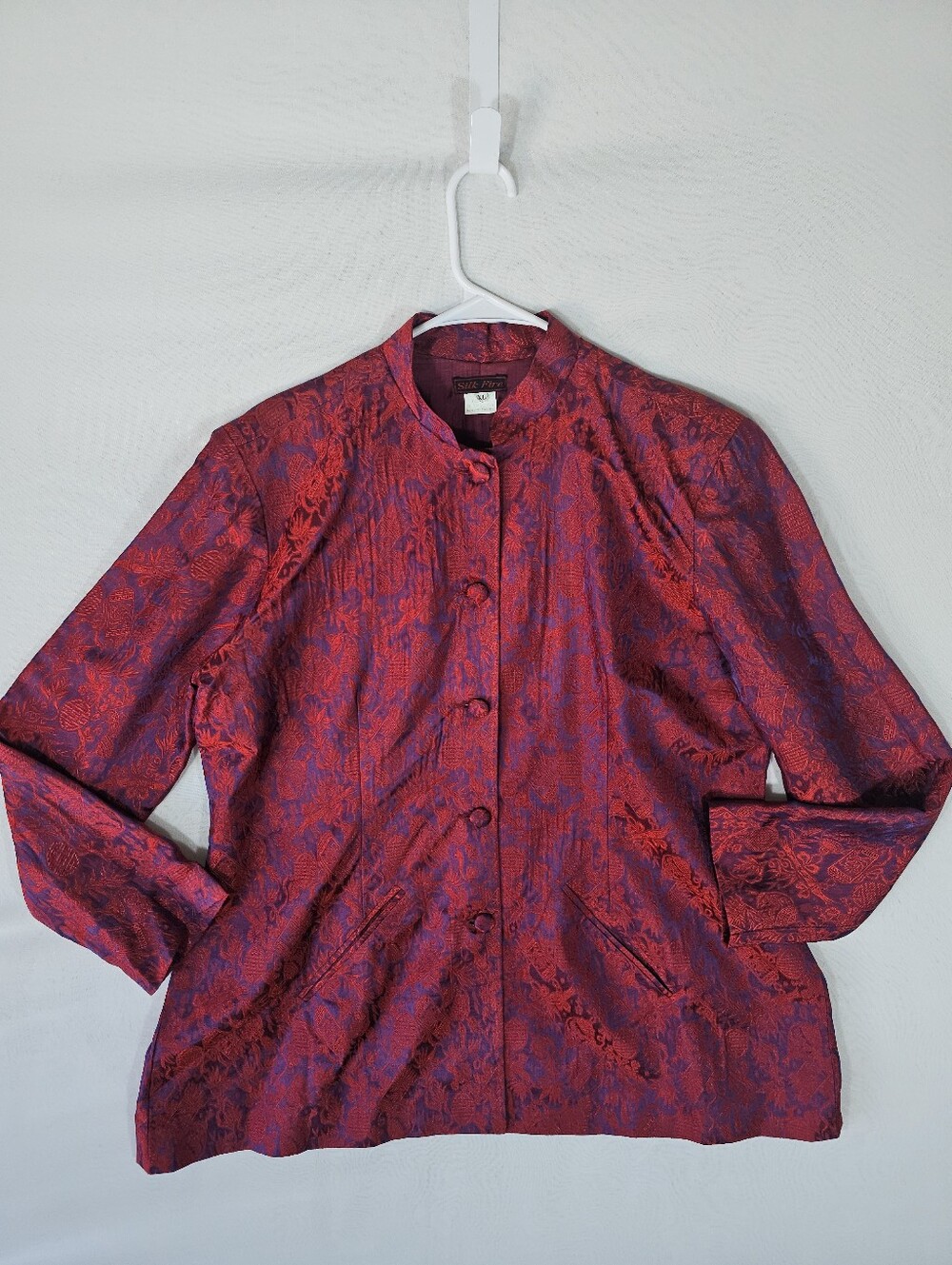 Silk Fire Vintage 100% Silk Red Purple Brocade Mandarin Collar Jacket XL